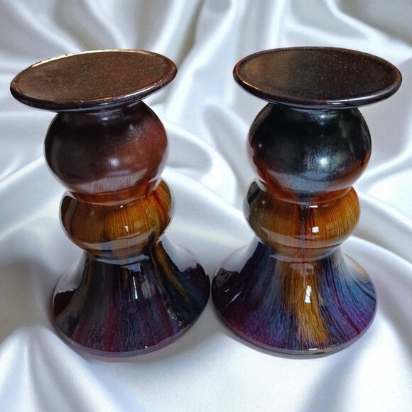 Vintage Set of Two Flambé Ceramic Candle Holders Pair Purple Blue Orange Pillars - Picture 3 of 10